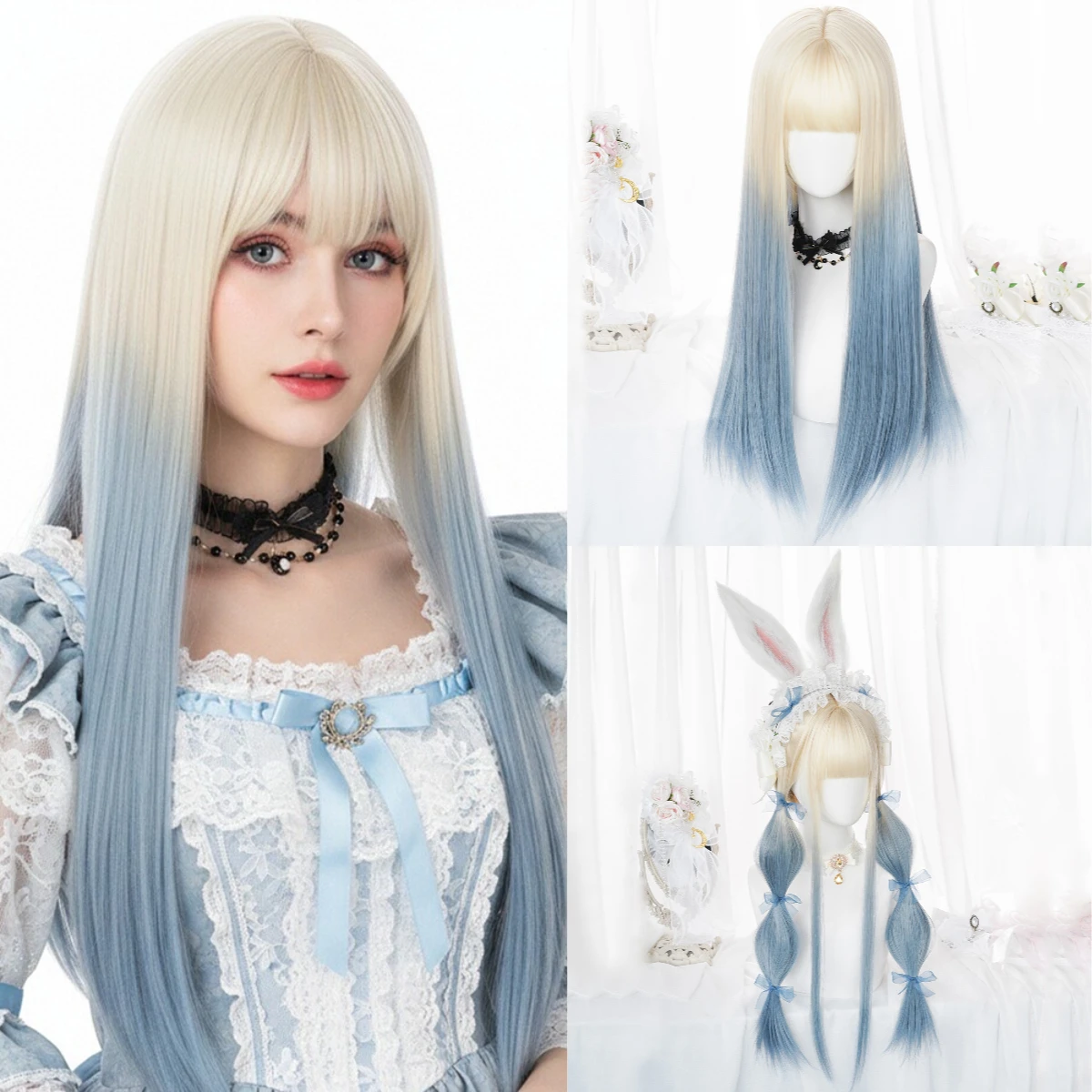 

Synthetic Long Blonde to Blue Straight Wig with Bangs for Kawaii & Gothic Lolita Looks Realistic Fake Hair Heat Resistant