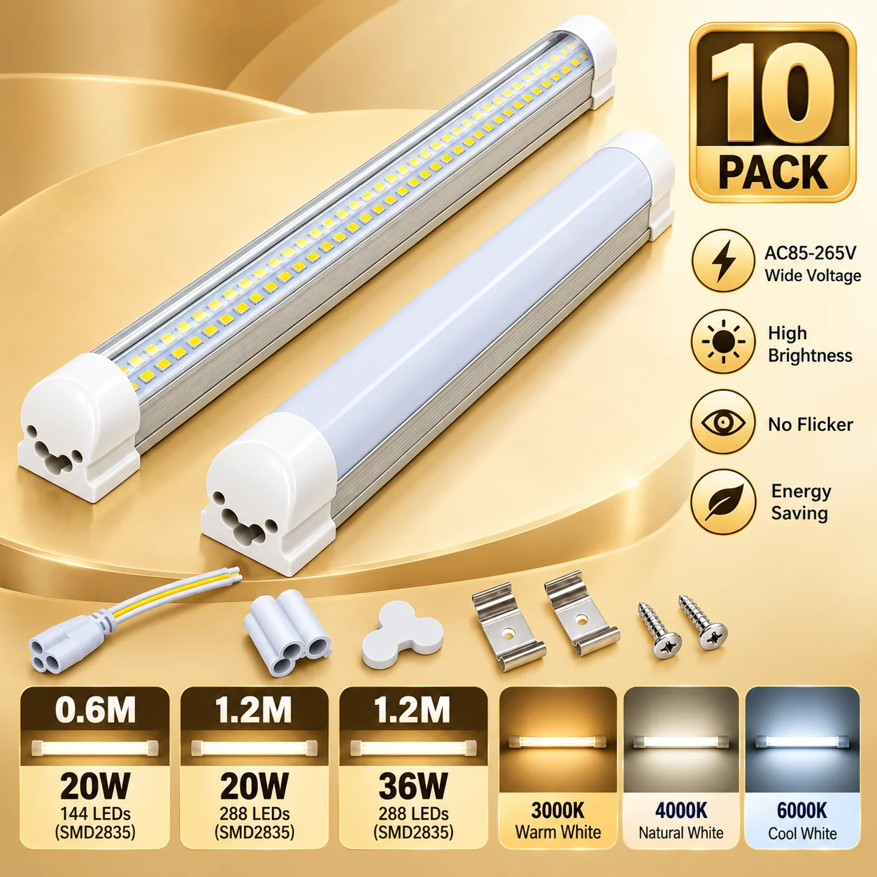 10Pcs T8 Integrated LED Tube Light Double Row 0.6m 1.2m 20W 36W Super Bright Garage Workshop Ceiling Shop Light AC85-265V