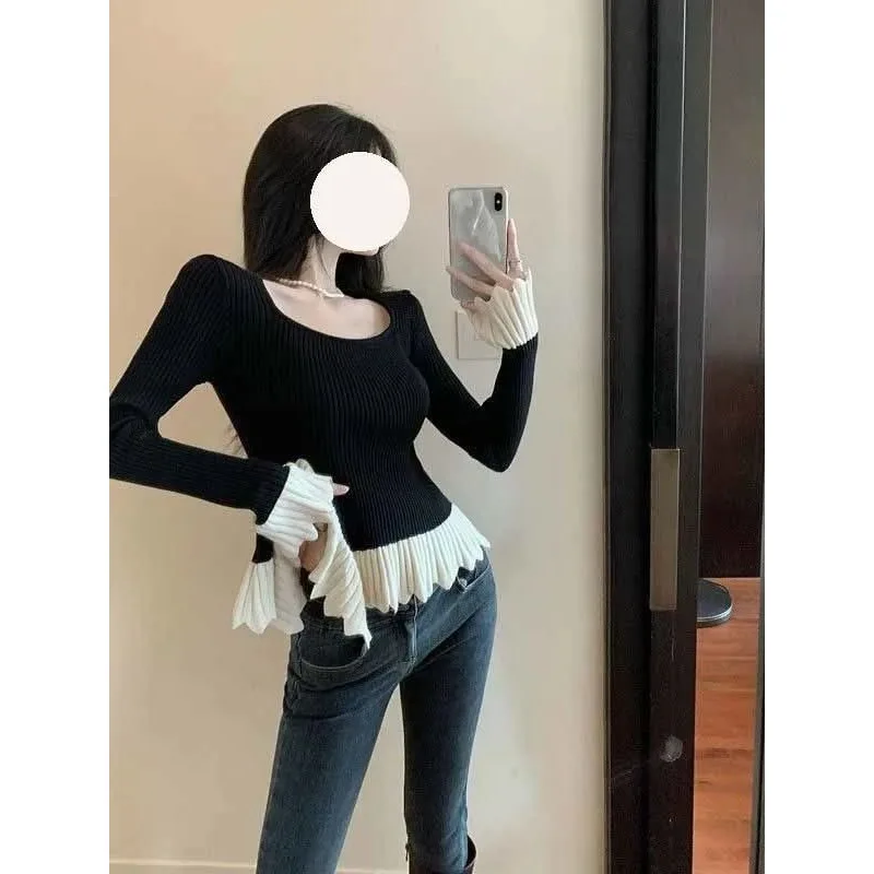 

Black Retro Square Neck Long Sleeve Knitted Base Shirt Women's Autumn and Winter Design Sense Slim Inner Top Trendy and Simple