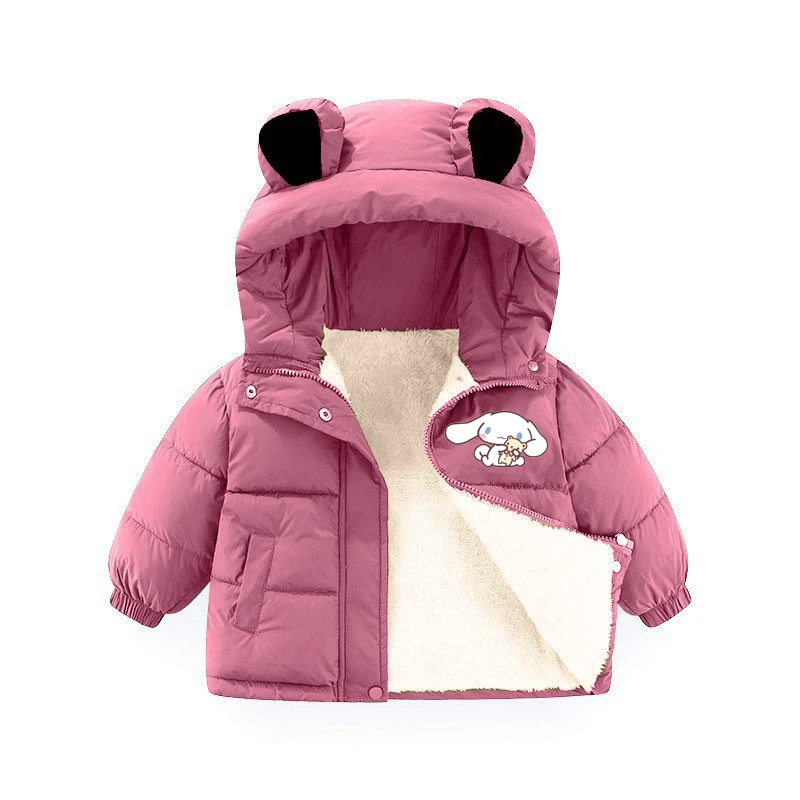 

Baby Girls Hooded Jacket 1-6 Years Winter Warm Plush Zipper down Cotton Outwear Solid Color with Lining Decoration