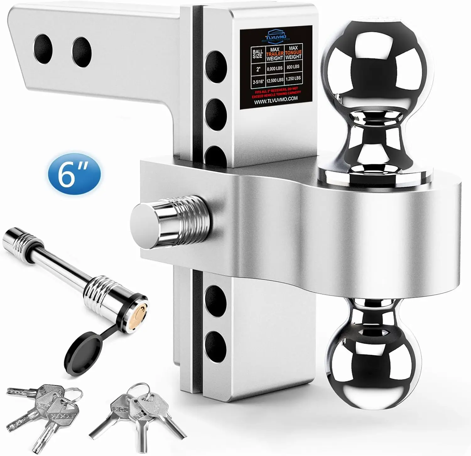 

Adjustable Trailer Hitch 6 Inch Drop Ball Mount, Fits 2-Inch Receiver, 12,500 LBS GTW, Dual Ball with Anti-Theft Locks