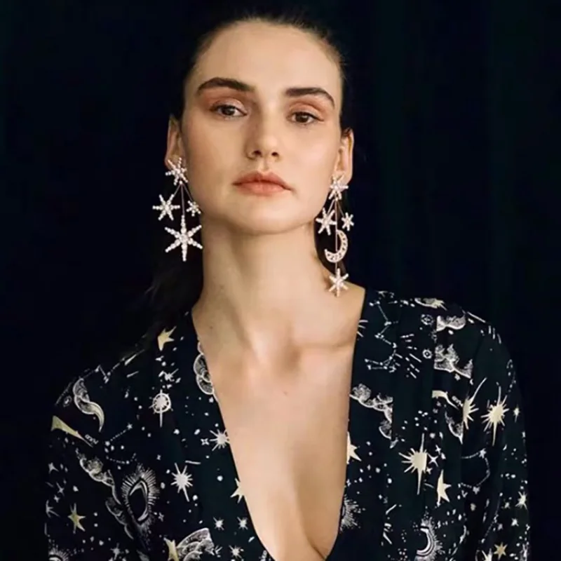 Asymmetric Star Moon Rhinestone Drop Earrings Natural Fresh Sweet Style fashion jewelry