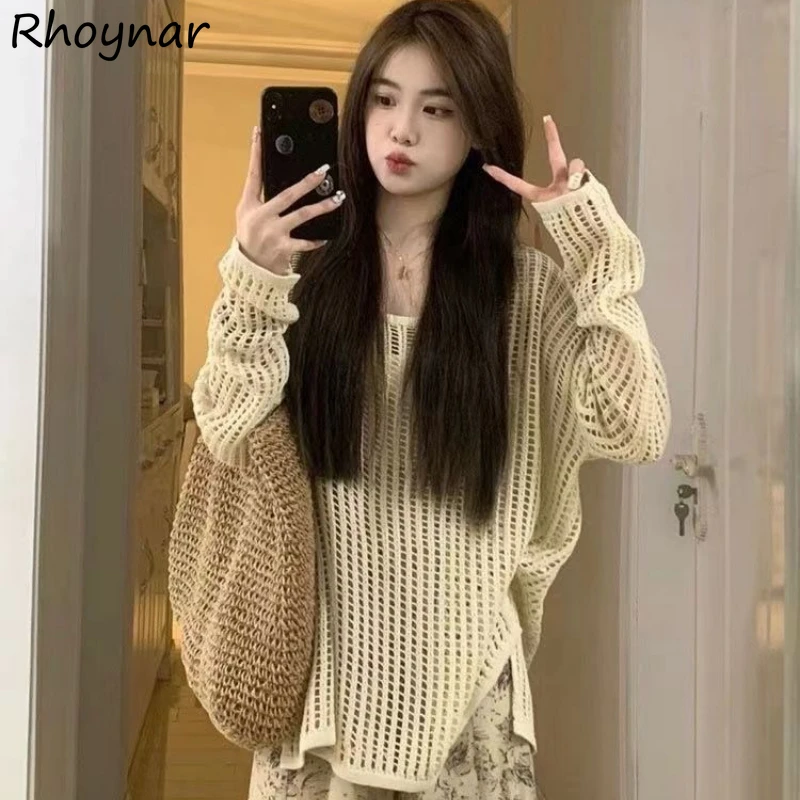 

Knit Pullovers Women Harajuku Spring Summer Hollow Out Loose Holiday Streetwear Casual Female Knitwear Fashion Long-sleeve Retro