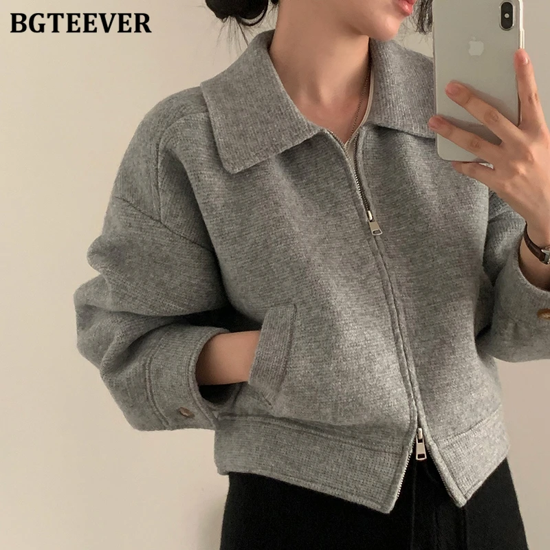 BGTEEVER Vintage Loose Turn-down Collar Pockets Female Woolen Jackets Autumn Winter Elegant Long Sleeve Zipper Women Blend Coats