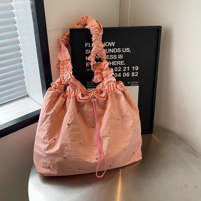 Women\'s Summer Canvas Bag Korean Pleated Tote Bag White Shoulder Bag Strandtasche Handtasche Damen Torebka Na Ramię Girls Gift