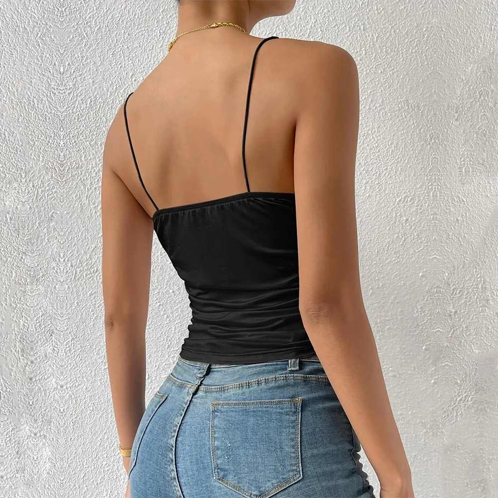 Women Summer Camisole Spaghetti Strap White Tank Top Ruched Front Black Slim Fit Sleeveless Satin Finish Crop Vest for Woman