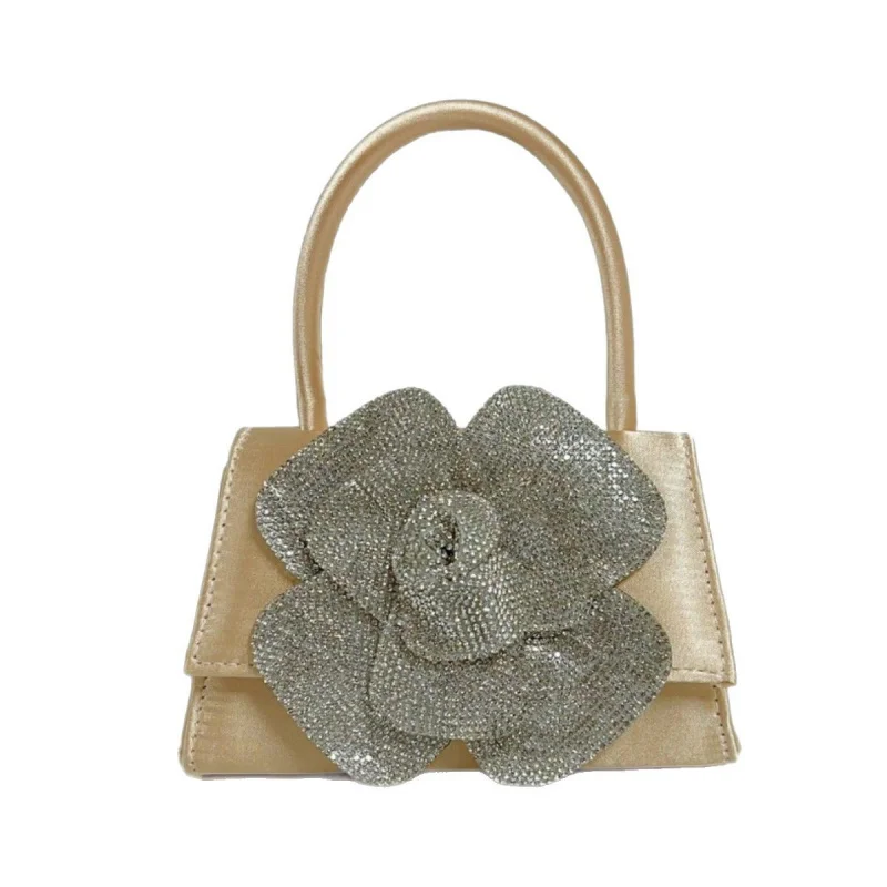 

New ladies' party handbags, shiny rhinestone rose flower small square bags, banquet handbags
