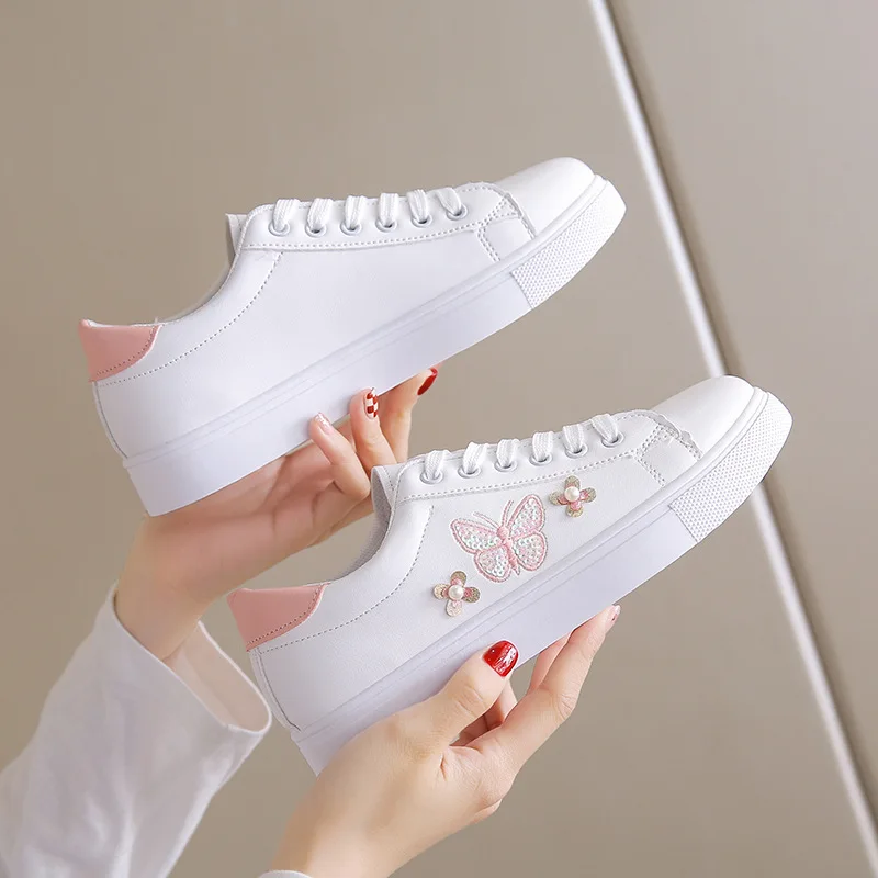Hot Sale Women's Shoes Summer Fashion White Sneakers Bow Lace Comfortable Non Slip Vulcanized Shoes Leather New Women Sneakers
