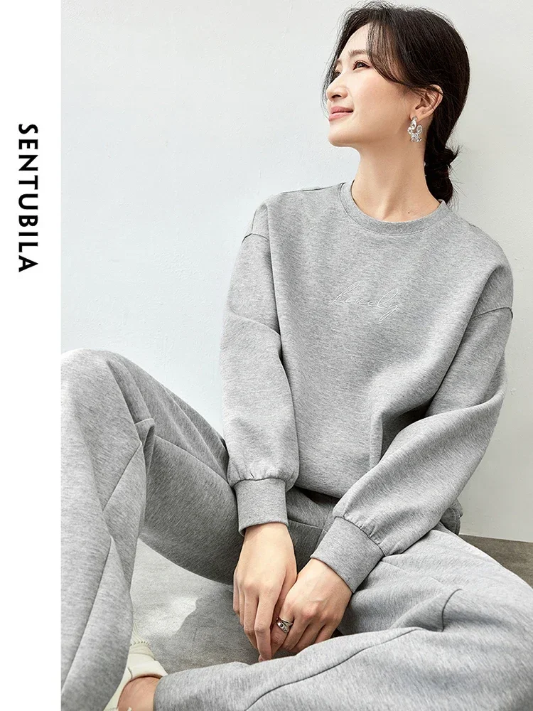 SENTUBILA Women Cotton 2 Piece Set 2024 Autumn Letter Embroidery Sweatshirt Straight Slit-hem Pants Pant Set 143Z56186