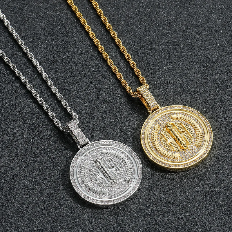 Hip Hop 5A+ CZ Stone Paved Bling Iced Out Wheat Ear Medal Round Pendants Necklace for Men Rapper Jewelry Gold Silver Color