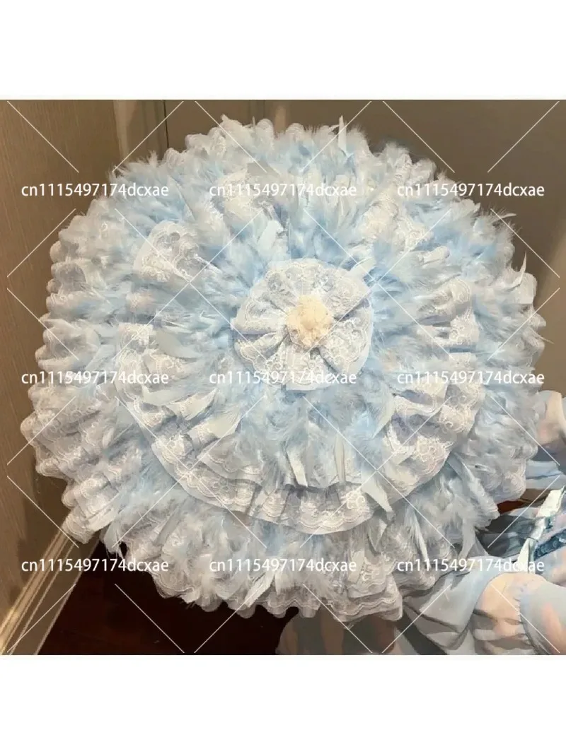 Gothic Lolita Parasol Umbrella with Feathers Lace Trim for Wedding Photography
