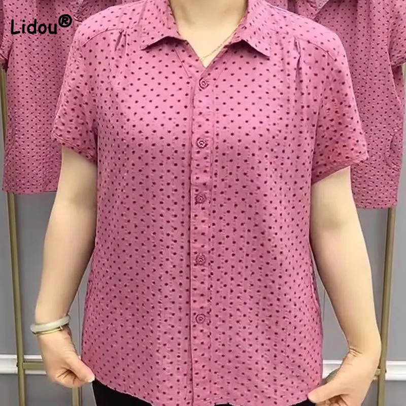 Women\'s Short Sleeve Casual Polka Dot Printed Shirt Summer Female Clothing Fashion Loose Turn-down Collar Single-breasted Blouse