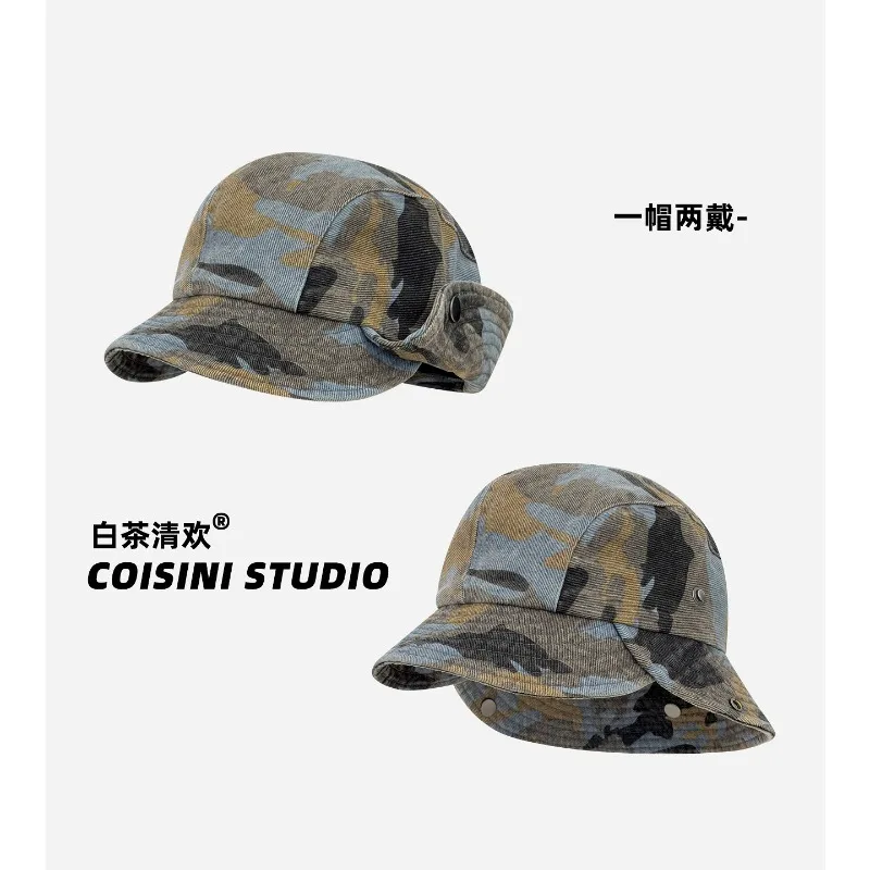 Camouflage Flip-brims Snap-button Bucket Hat Summer and Autumn Trend Fashion Street Niche Unisex Two-wear Sun Visor Peaked Cap