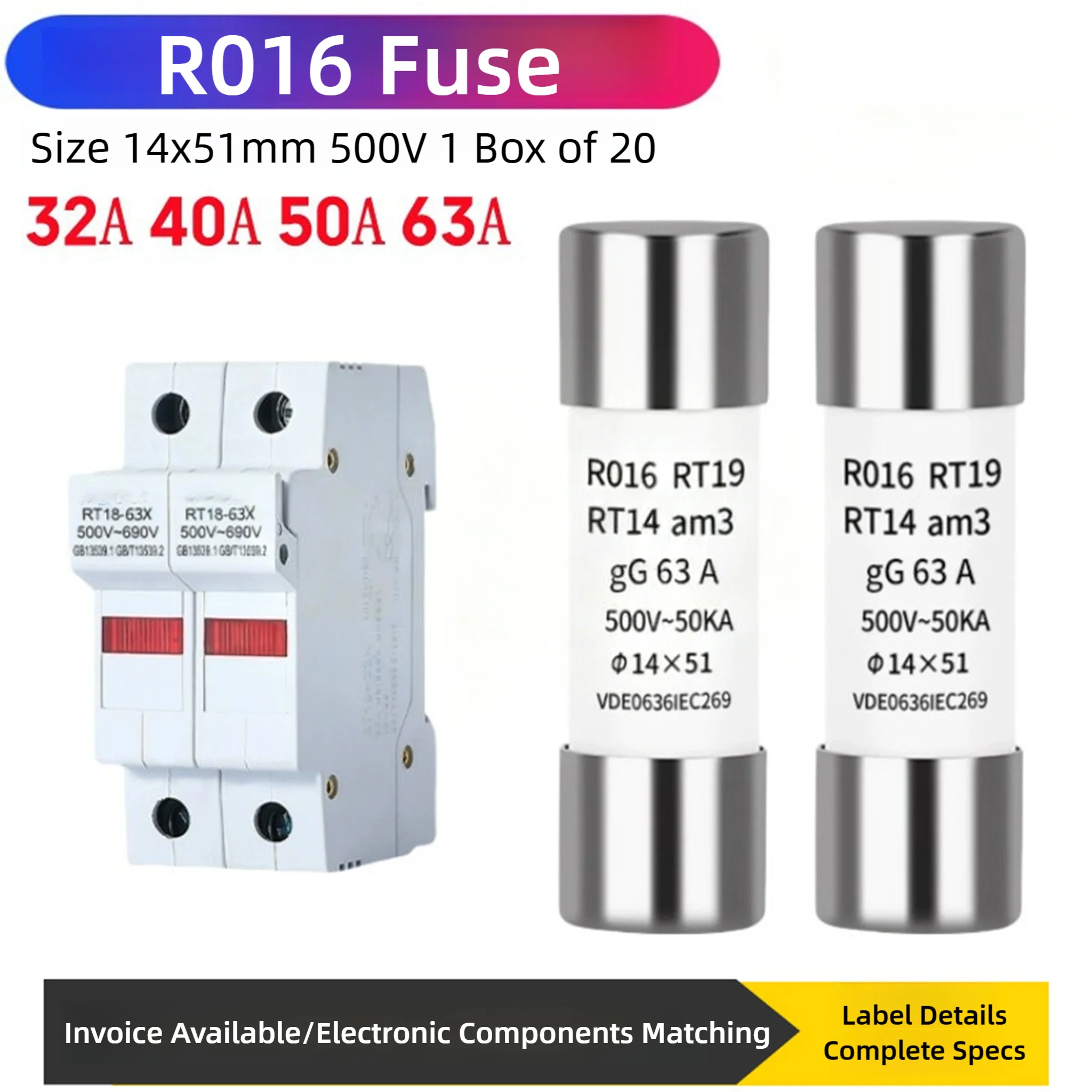 Ceramic Fuse R016, Fuse Tube 14x51, Fuse Element 500V RT18-63, Base 63A, 50A, 40A, 32A, Volume 14x51MM, 500V1 Box, 20 Pieces