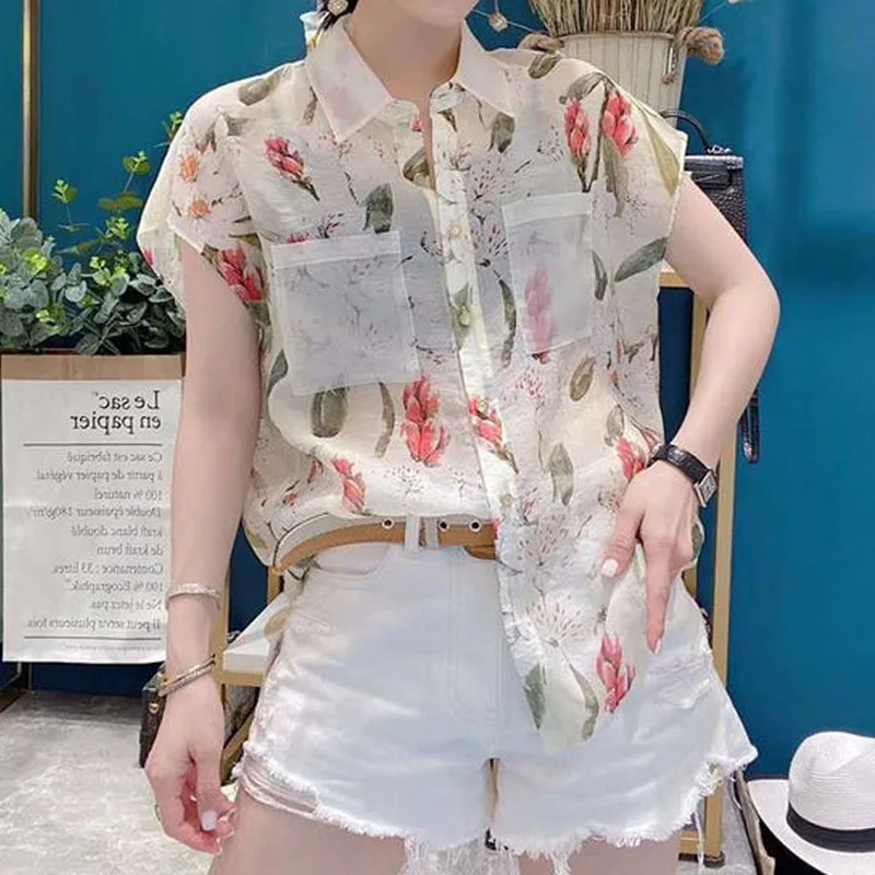 Fashion Printed Elegant Turn-down Collar Shirt Female Korean Casual Pockets Spliced Short Sleeve Blouse Summer Women\'s Clothing