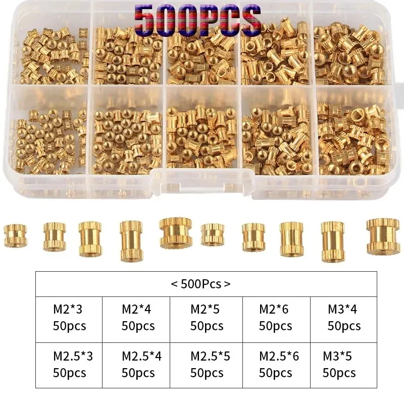 

500pcs M2 M2.5 M3 Brass Embedment Screw Nut Hot Melt Injection Thread Knurled Heat Insert Nut Double Twill Kit 3D Printing Tool