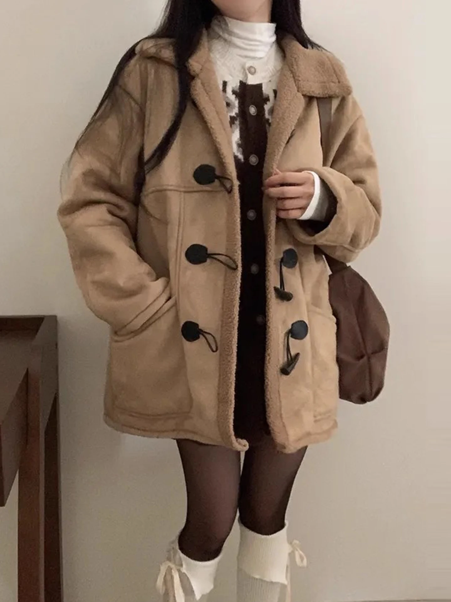 Thiened Lamb Fur Coat Women's Retro Buttoned Casual Long Sve Warm Outerwear Spring Autumn Winter Seasonal Faion Sle