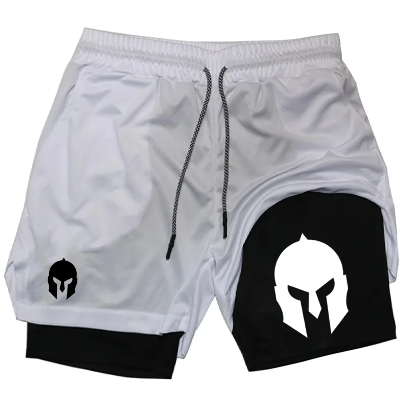 Men's Spartan Helmet Print Double Layer Gym Shorts, 2-in-1 Athletic Workout Running Casual Streetwear Short Pants WX099