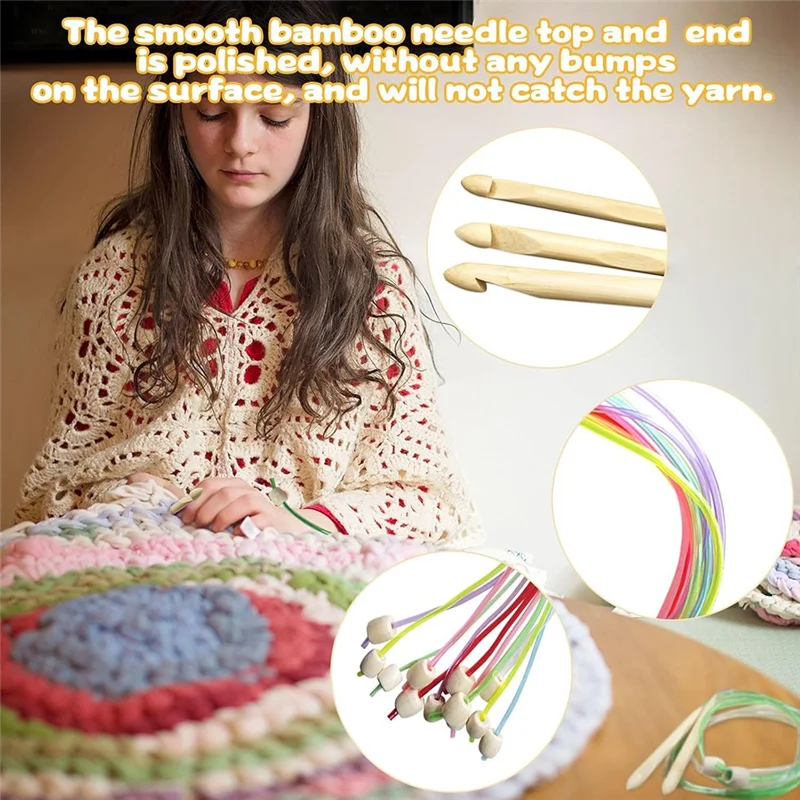 SOFT-Tunisian Crochet Hooks Set With Case: 24Pcs Tunisian Crochet Bamboo Hooks Set With Cable Afghan Crochet Aluminum Hooks