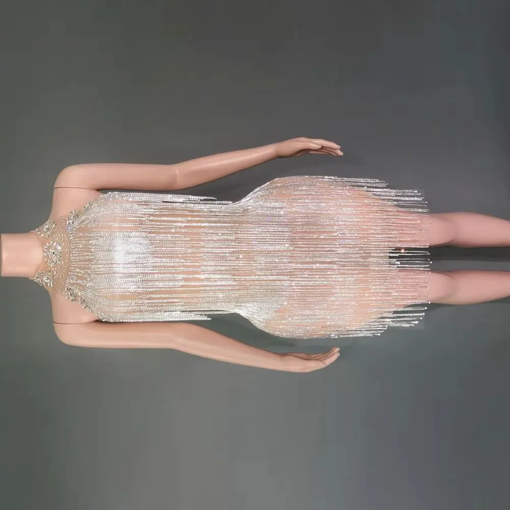 Sexy aniversário casamento noite baile celebrar vestido sessão de fotos usar brilhante prata strass correntes sem costas vestido curto