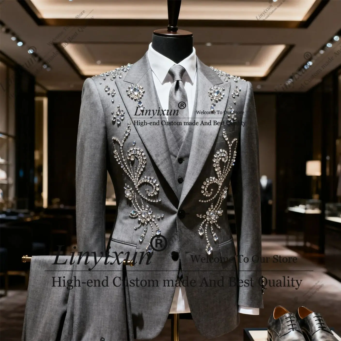 

Современные стильные мужские костюмы со стразами и бисером, индивидуальные Ropa Hombre, смокинги для жениха с остроконечными лацканами, комплект из 3 предметов, мужской пиджак для выпускного вечера