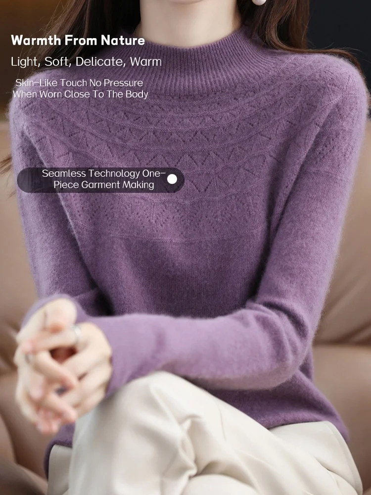 

Women's Wool Sweater - Half-High Neck Slimming Knit Seamless Wool Knit Base Layer Autumn Winter Lace-Up Loose-Fit Top Warm Cosy