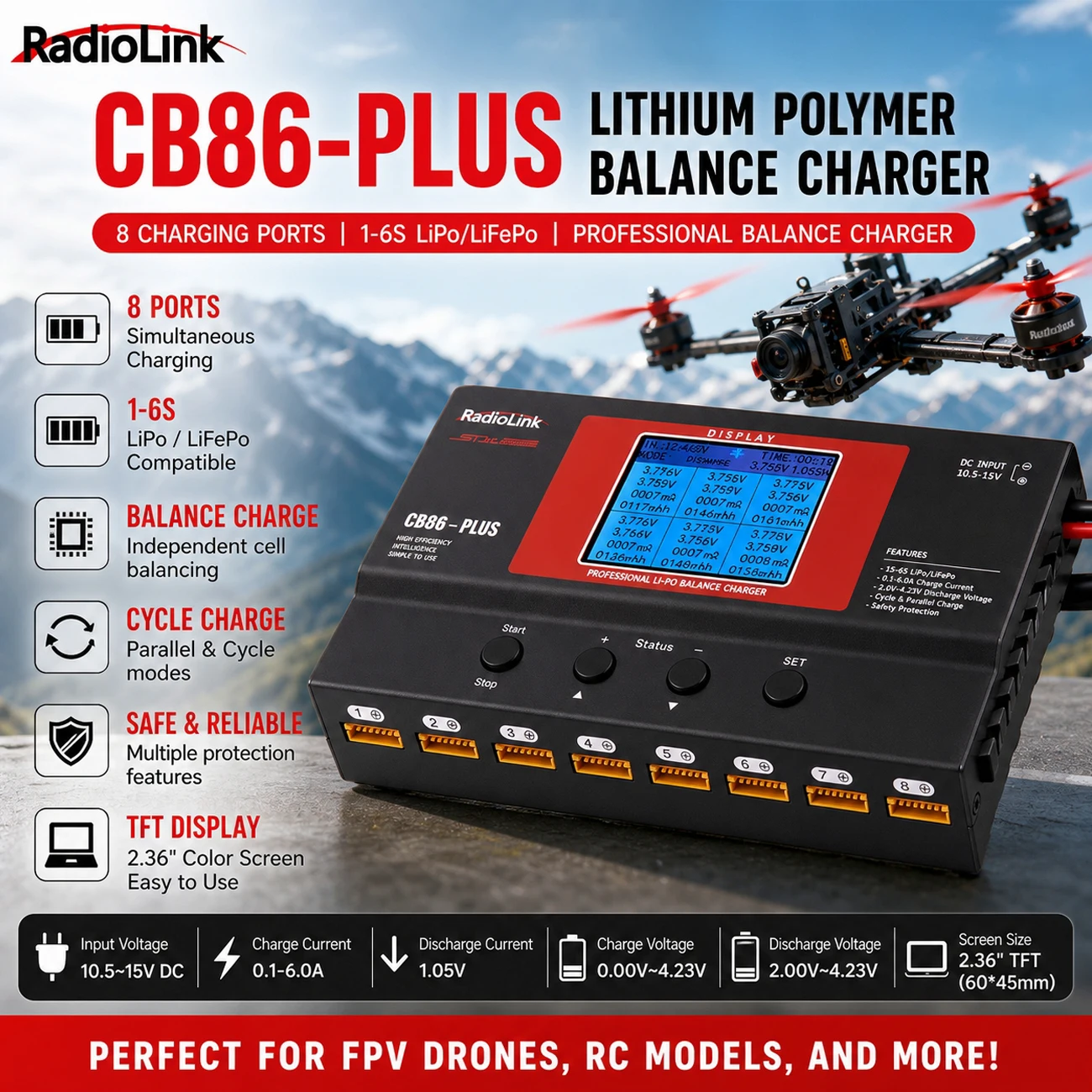 Radiolink CB86-PLUS Lithium Polymer Balance Charger with 8 Charging Ports for 1-6S LiPo/LiFePo Battery RC FPV Drone Helicopter