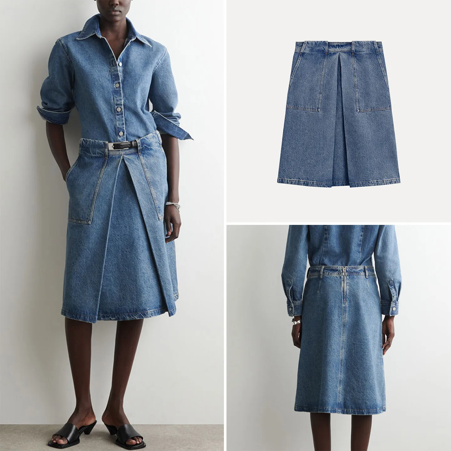 

Standard Fit A-Line Denim Skirt Women's Summer Fashion Half-length Skirts Denim Skirts Pleated mid Waist A-Line Skirts