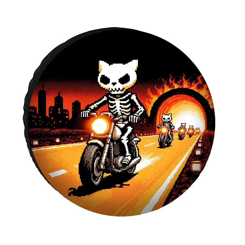 Pixel Skeleton Cat Biker Tire Cover Durable Polyester Spare Wheel Protector For SUV