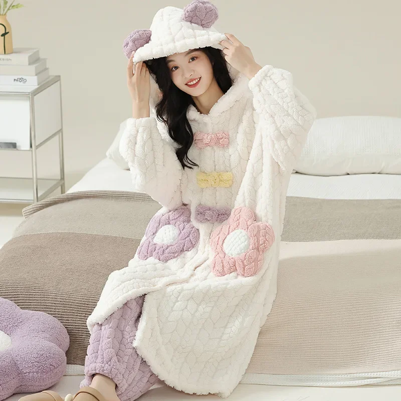 Coral Fleece Pajamas Women New Autumn and Winter 2024 Thickened Flannel Home Wear Robe Trouser 2Pcs/set Home Clothes with Hood