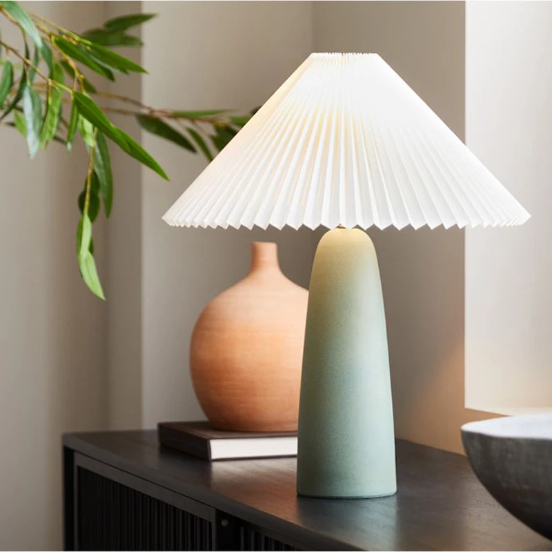 Cream Style Ceramic Floor Lamps Pleated Cloth Lampshade Children's Desktop LED Reading Night Lights Living Room Bedsides Fixture