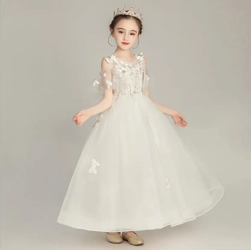 Floral Tulle Girls Princess Dresses White Off Shoulder Flower Girl Dresses for Weddings Long Kids Party First Communion Gowns