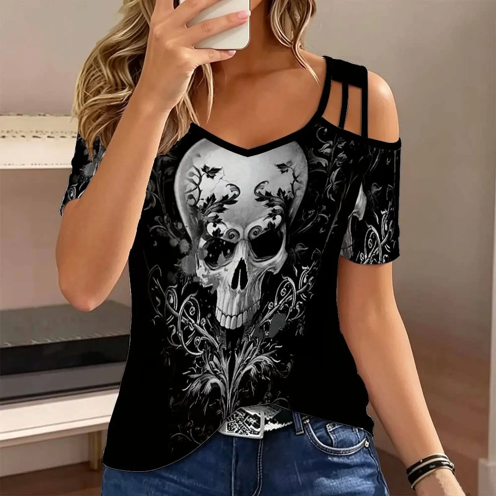Plus Size Summer Ladies  Slim  Print Cold Shoulder V Neck T-shirt  Fashion Casual Women’s Top Commuting Vacation Beach Outfits
