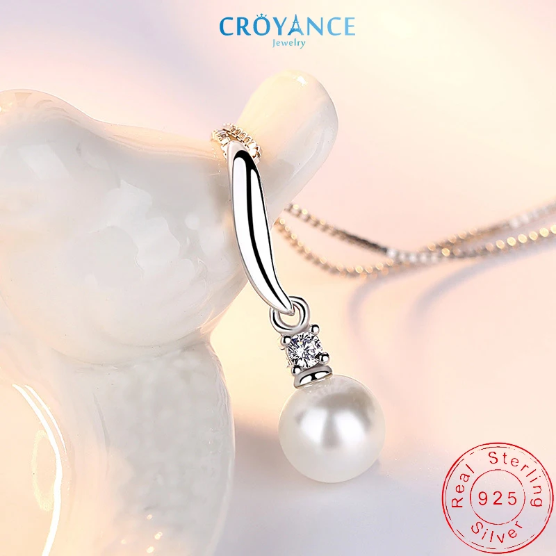 925 Sterling Silver Anniversary Gift 8mm Freshwater Pearl Zircon Pendant Necklace Women Jewelry Adjustable Length Clavicle Chain