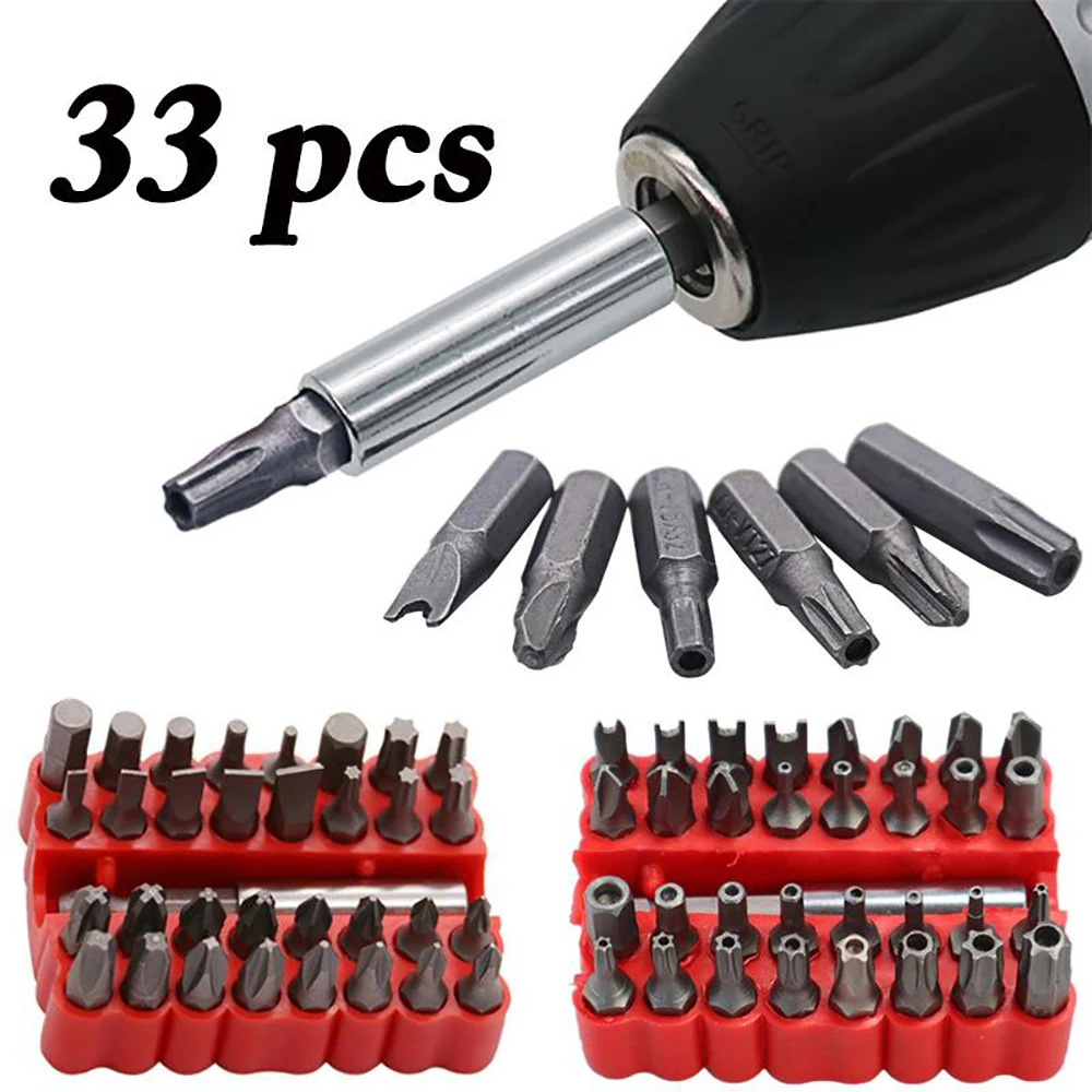 

33pcs Magnetic Security Screwdriver Bit Set 6.35mm Multi-Type Torq Torx Hexagonal Star Spanner Electric Holder Bits for Screwing