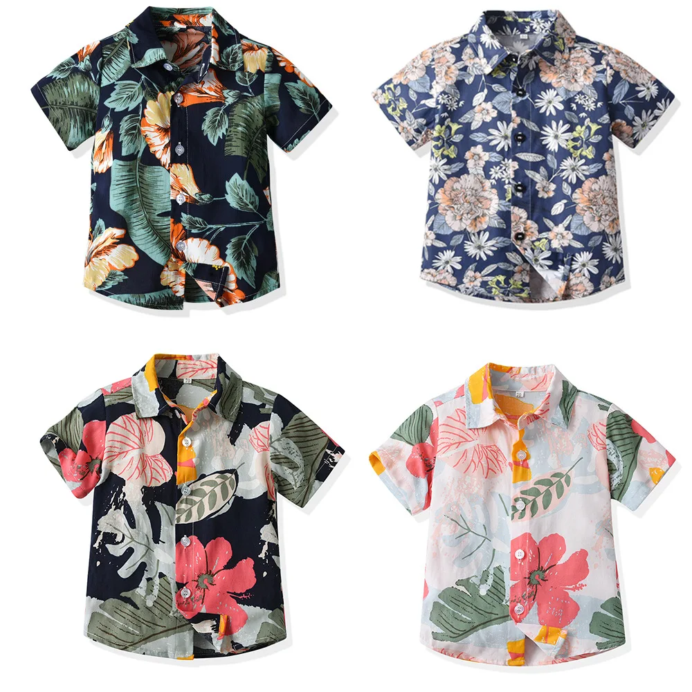 Summer Lapel Short-sleeve Hawaiian Flower Button Down Beach Shirt Father Son Floral Cotton Casual Cardigan Parent-child Clothing