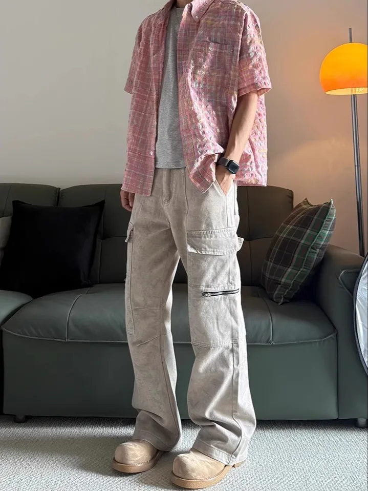 

Мужские джинсы American High Street с мраморным узором, на молнии, Cleanfit, повседневные, расклешенные, прямые, рабочие, свободного кроя