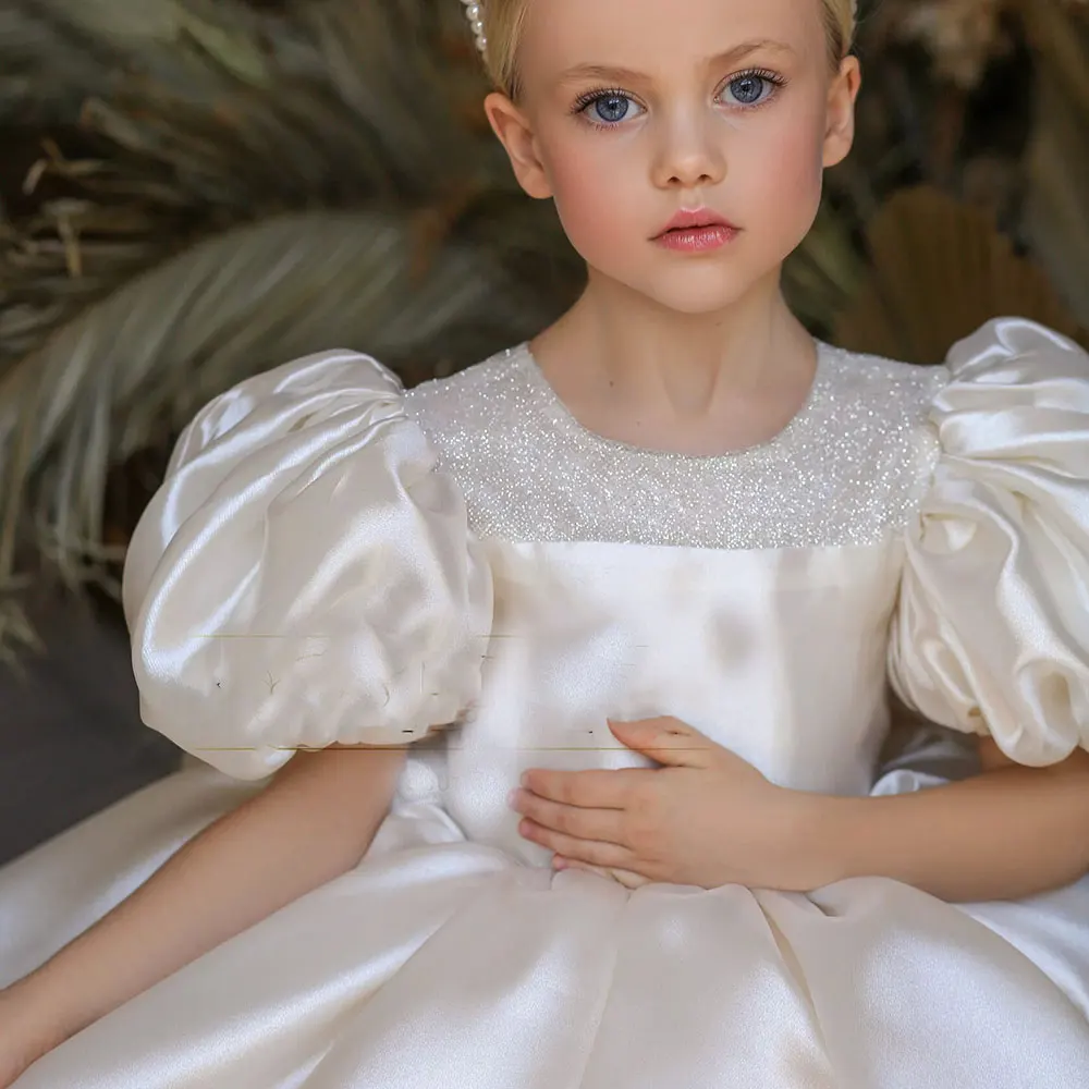 Jill Wish Luxury Arabic Champagne Girl Dress Puffy Sleeve Dubai Baby Kids Princess Birthday Wedding Party Holiday Gown 2024 J373