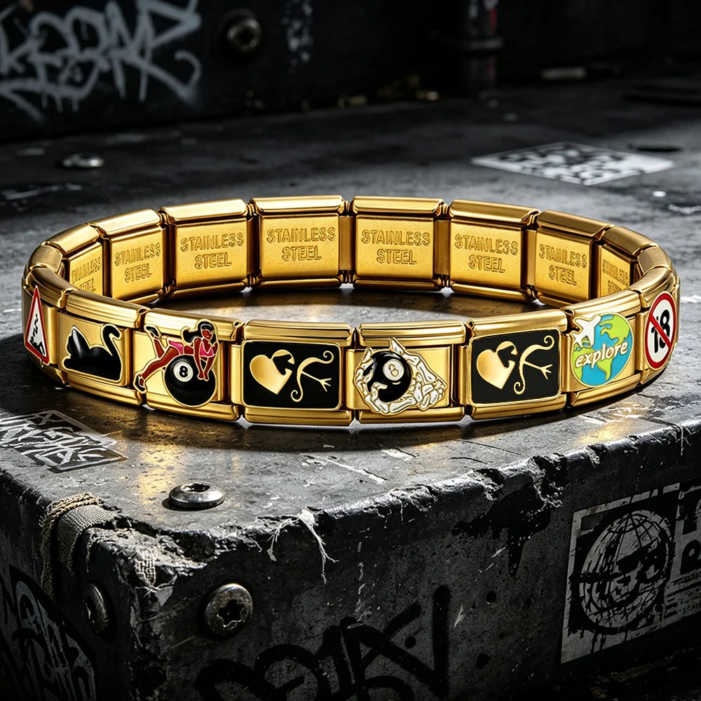 9mm Klassisches Italienisches Armband mit Charms in Goldfarbe, Totenkopf-, Reise-, Planeten-, Katzen- und Billardmuster, Edelstahl-Schmuck, Geschenk – Detail 6