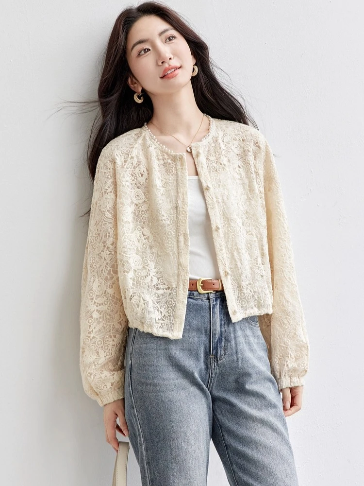 

SENTUBILA Beaded Hollow Embroidery Coat for Women Autumn 2025 New Elegant Commuter Loose Long Sleeve Short Jacket T53WB1813