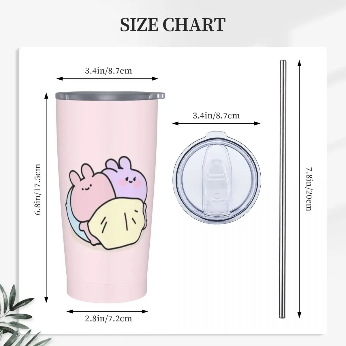 Asamimichaan Cute Asamimi Stainless Steel Tumbler Vacuum Insulated Mugs Thermal Cold Cups Straws With Lid 20oz