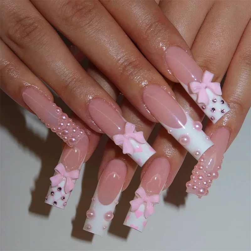 

24pcs Bow Long Fake Nails Art White French Square False Nail Tips Wearable Rhinestones Design Press on Nails Set with Jelly Glue