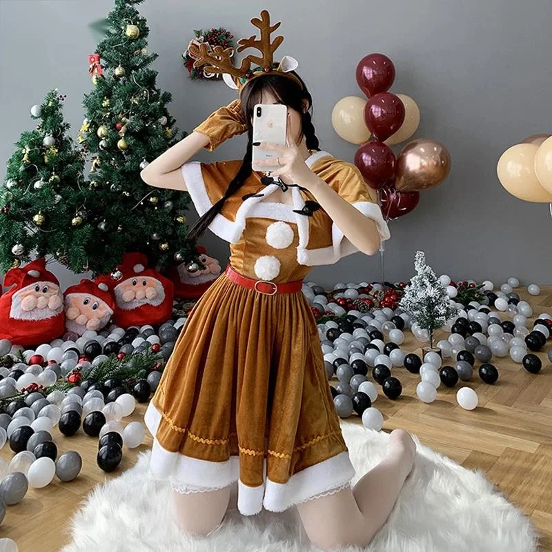 AniLV Christmas Female Santa Claus Series Costume Xmas Party Snow Elk Girl Red Dress Cloak Rope Unifrom Sexy pigiama Cosplay