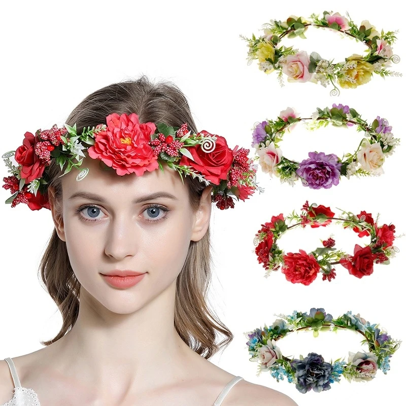 Simulation Of Flowers Fabric Flowers Bohemian Style Bridal Wreath Grass Ring Bridesmaid Photo Hair Accessories Hair Band