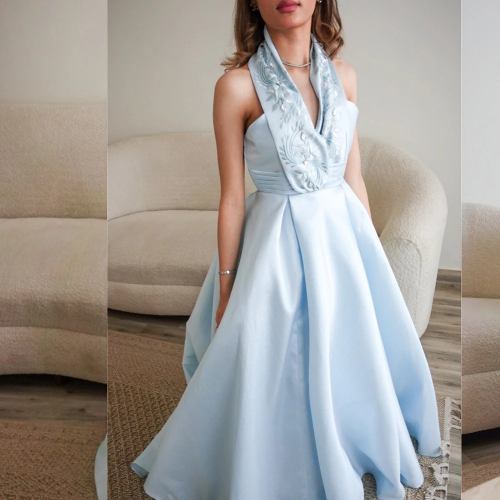 Customized    Saudi Arabia Charmeuse Embroidery Party A-line Halter Bespoke Occasion Gown Long es