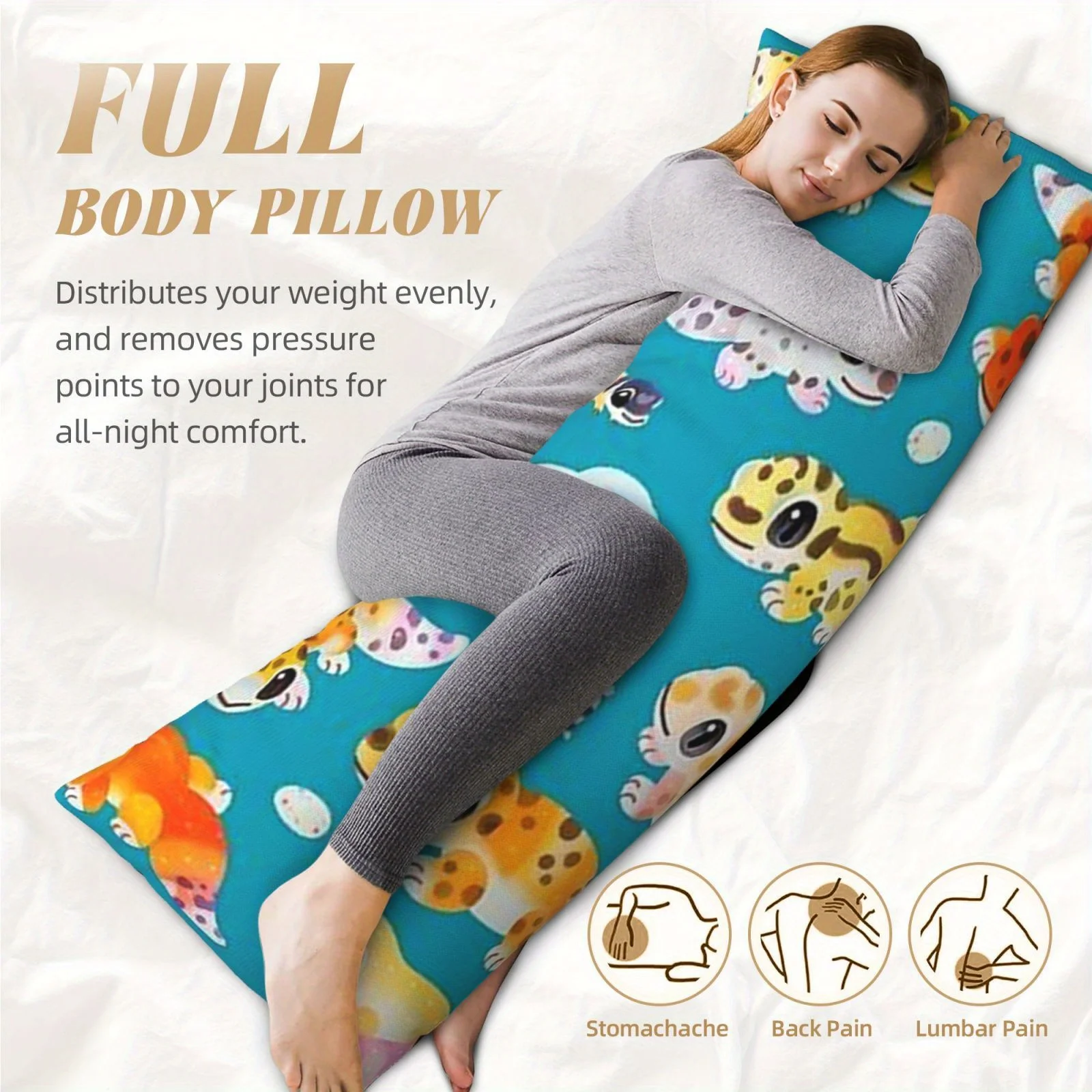 1pc Ultra-Soft 20x54 Inch Full Body Pillow - Leopard Gecko Green & White Geometric Print, Breathable & Comfortable for Side, Bac