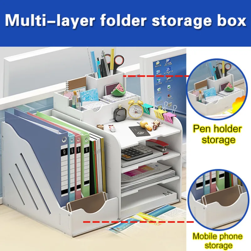 Estante de almacenamiento de archivos de escritorio, práctica caja de almacenamiento de carpetas multicapa, sujetalibros, suministros de oficina