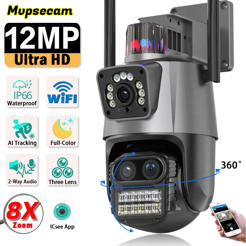 Caméra de surveillance extérieure PTZ IP WiFi HD 12MP/6K, dispositif de sécurité sans fil, avec suivi humain automatique et 3 lentilles, n'aime x8, pour maison connectée, ICN2