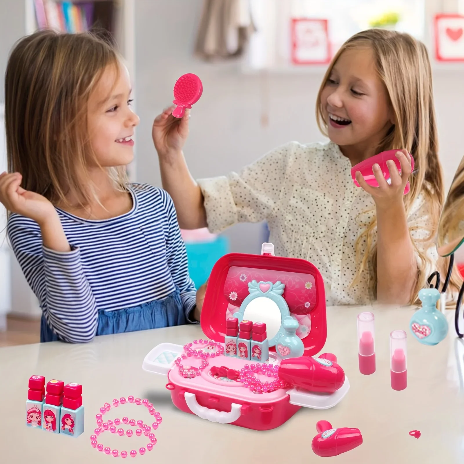 21Pcs  2-in-1 Role Play Pretend Makeup Playset for Girls, Kids Set Toys with Suitcase, Hair Dryer,  Lipstick, 3+，Jewellery,gift