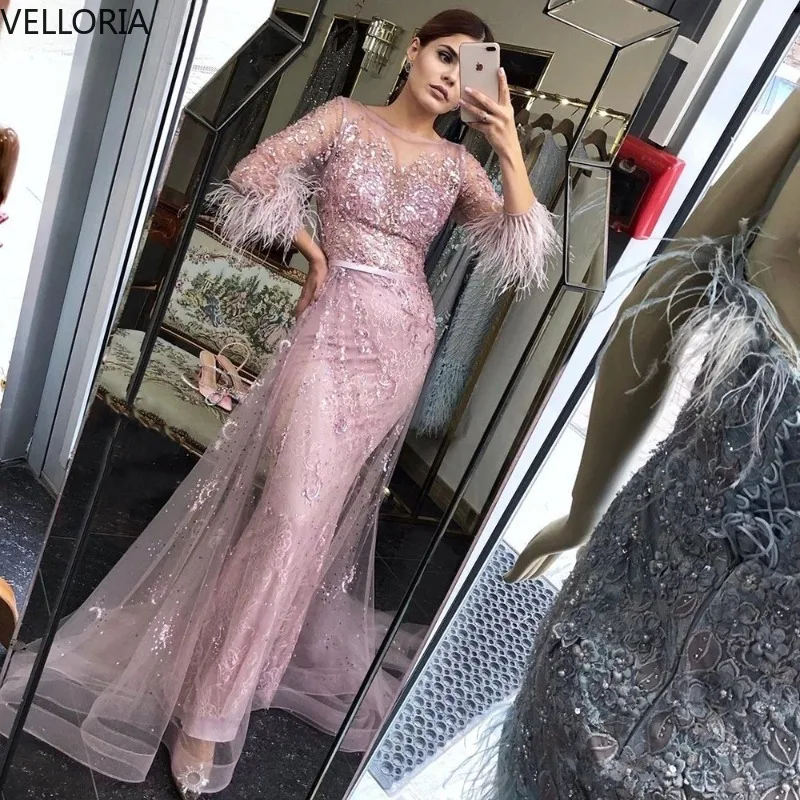 

Pink Lace Women's Evening Dress Luxury Mermaid Beaded Feathers Overskirt Prom Gown High Neck Long Sleeve Party Gown Customized